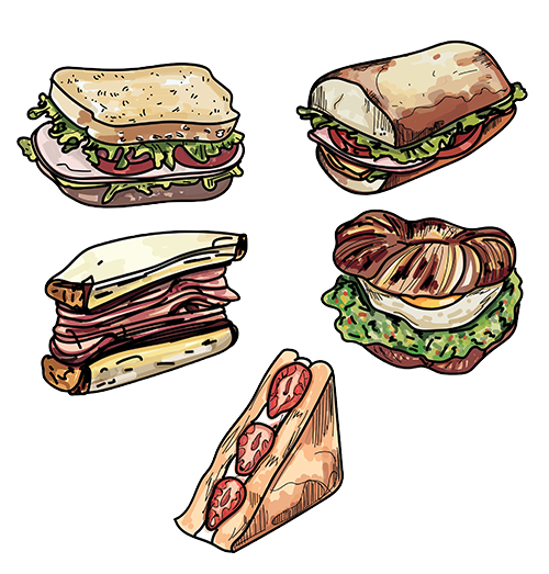 We offer a variety of sandwiches, such us BLT, Reuben, Panini, melts and bagel sandwiches.